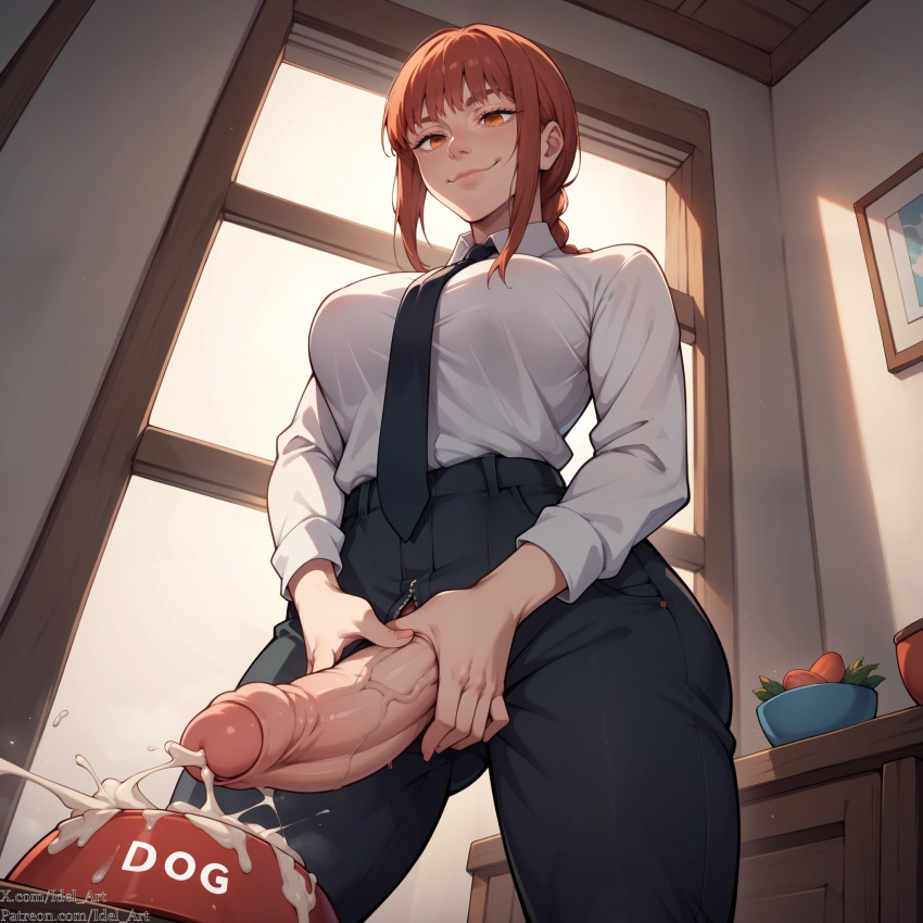 1futa ai_generated big_breasts big_penis bowl chainsaw_man clothes cum cumming cumshot dog_bowl dog_food ejaculation erect_penis erection futa_only futa_sans_pussy futanari happy huge_cock idel_art makima_(chainsaw_man) masturbating masturbation office_clothing penis veiny_penis