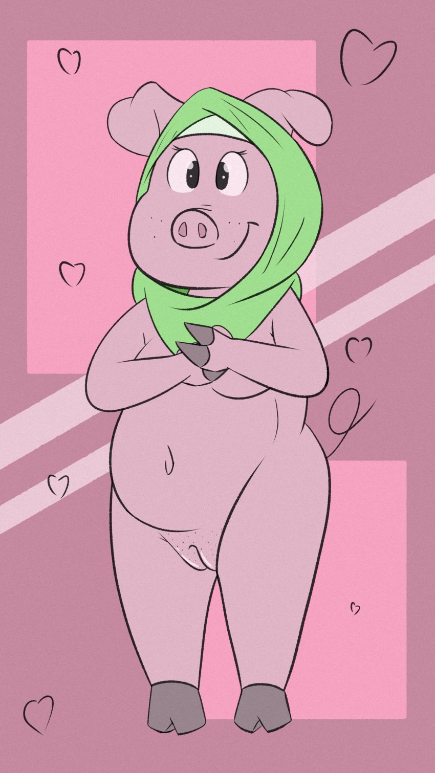 2023 absurd_res anthro black_eyes breasts clothing curled_tail domestic_pig eyelashes female floppy_ears freckles genitals green_clothing green_headwear headgear headscarf headwear heart_symbol hi_res hijab hooves humanoid_genitalia humanoid_pussy innie_pussy islamic mammal mostly_nude navel pink_background pink_body pink_skin pussy religion religious_clothing religious_headwear simple_background slightly_chubby slightly_chubby_female smile snout soggygoat solo standing suid suina sus_(pig) tail