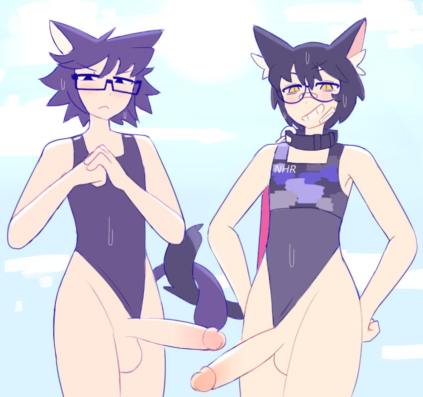 2boys amaruu annoyed balls bandaid black_hair blush cat_ears cat_tail catboy cloud collar duo eyewear femboy gay gero_(amaruu) glasses grin hands_together hi_res imminent_sex leash light-skinned_femboy light-skinned_male looking_down male male_only neckwear original_character penis round_glasses smug square_glasses sunlight swimsuit swimsuit_aside tail tail_coil twink wet wet_body yaoi yellow_eyes
