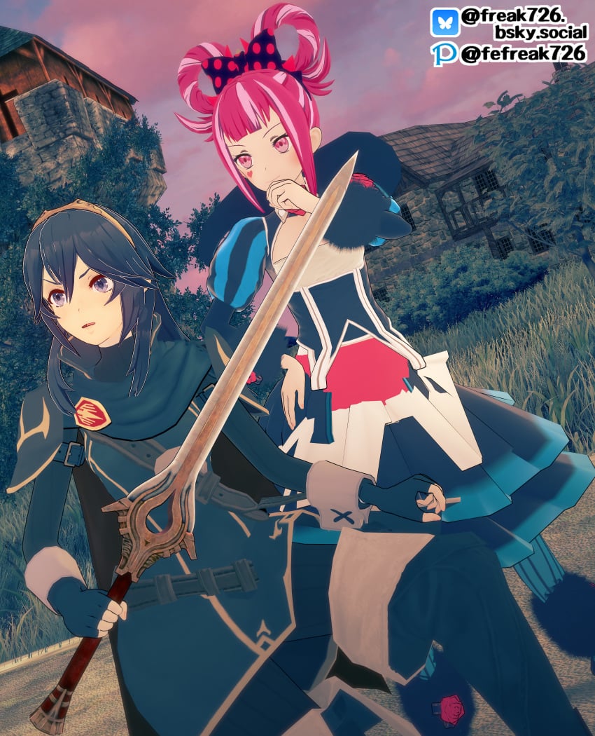 2girls 3d angry bangs blue_eyes blue_hair boots dress facial_mark facial_tattoo falchion_(fire_emblem) fefreak726 female female_only fingerless_gloves fire_emblem fire_emblem_awakening fire_emblem_engage gloves hair_between_eyes hand_on_own_face hand_on_own_hip heart hortensia_(fire_emblem) house long_hair long_sleeves lucina_(fire_emblem) multicolored_hair multiple_girls nintendo open_mouth outdoors pantyhose pink_eyes pink_hair short_hair smile sunset sword symbol-shaped_pupils tattoo thigh_boots tiara weapon