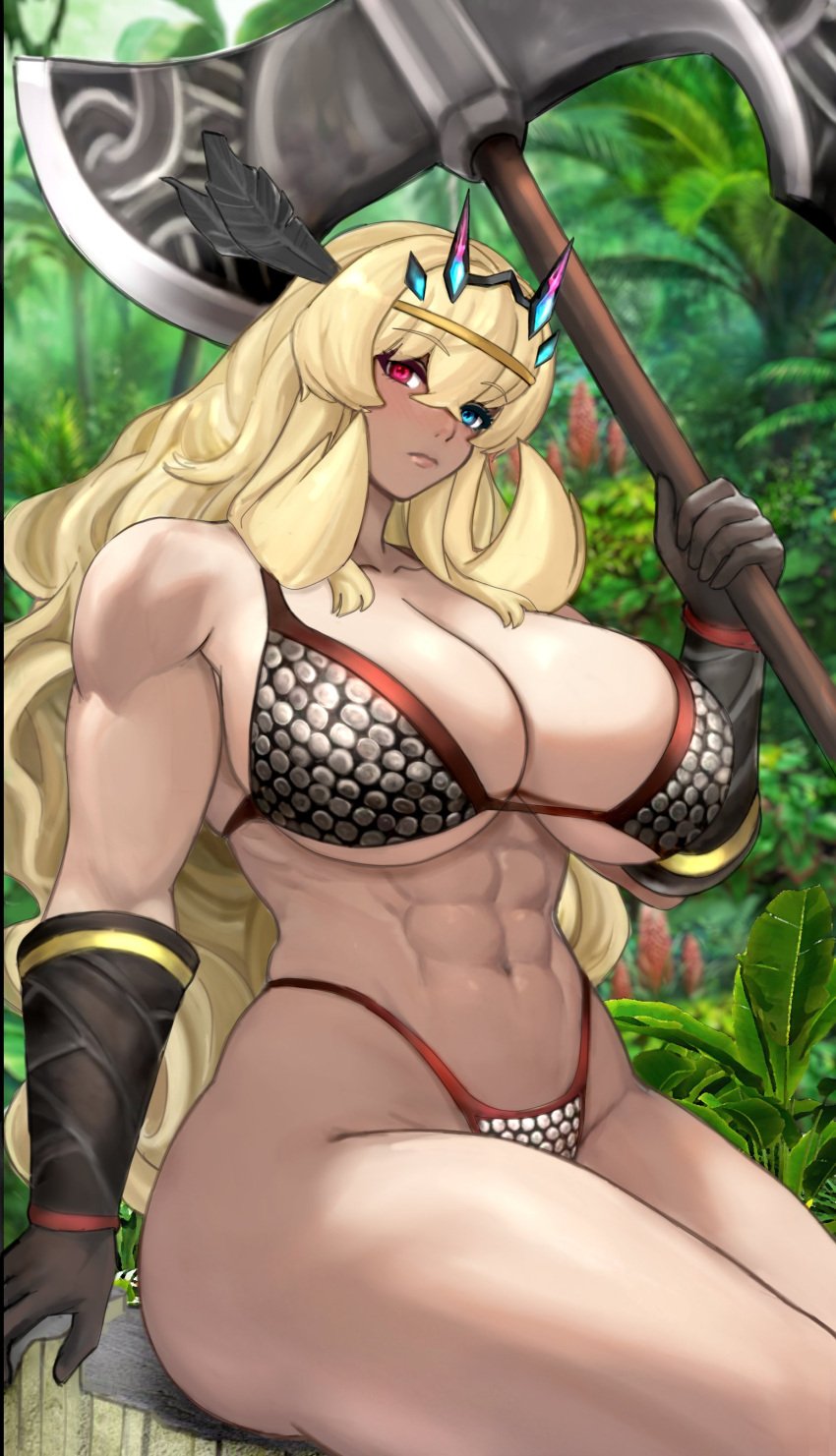 1girls 2024 abs amazon_(dragon's_crown)_(cosplay) axe bare_shoulders barghest_(gawain)_(fate) big_breasts bikini_armor blonde_hair blush breasts_bigger_than_head chainmail chainmail_bikini chainmail_bra chainmail_panties cleavage clothed clothed_female clothing fate/grand_order fate_(series) female female_only gloves green_eyes heterochromia holding_axe holding_weapon light-skinned_female light_skin light_skinned_female long_hair midriff muscular muscular_abs muscular_arms muscular_female navel raskasar red_eye sitting solo solo_female thick_thighs voluptuous voluptuous_female weapon wide_hips