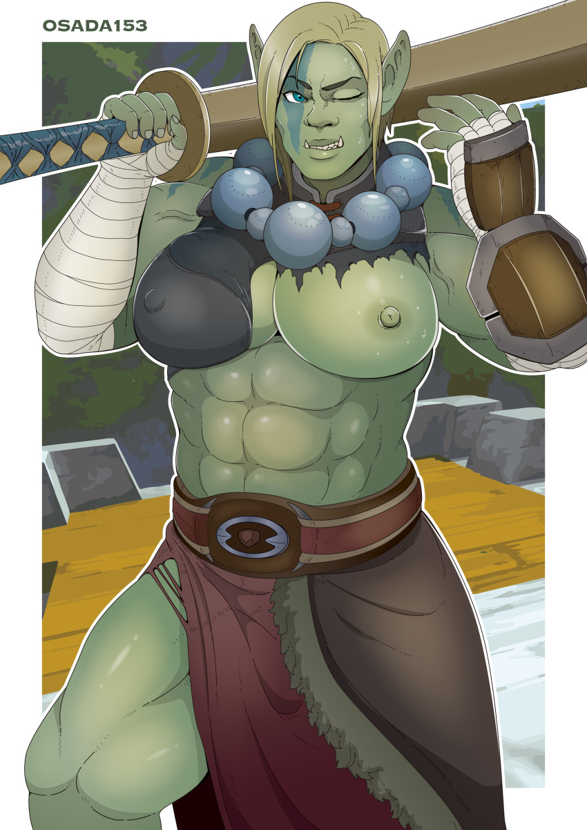 1girls 2022 abs absurd_res areolae armwear bandage bandaged_arm big_breasts blonde_hair blue_eyes breasts exposed_breasts fangs female female_only green_skin katana looking_at_viewer muscular muscular_female muscular_thighs nipples one_breast_out orc orc_female osada pointy_ears short_hair smiling smiling_at_viewer solo solo_female sword torn_clothes weapon_over_shoulder wink winking_at_viewer