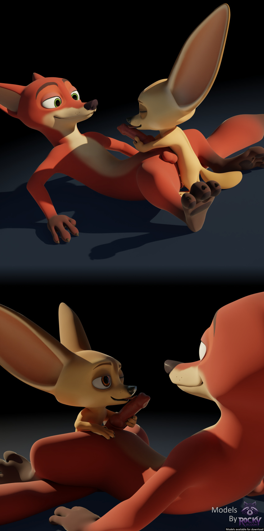 3_toes 3d_(artwork) 4_fingers absurd_res animal_genitalia anthro balls big_ears black_nose blender_(artwork) brown_eyes canid canine canine_genitalia claws countershading digital_media_(artwork) disney duo english_text erection feet fennec_fox fingers finnick finnick_(zootopia) fox genitals gloves_(marking) green_eyes half-closed_eyes hi_res holding_penis licking lying male male/male mammal markings multiple_angles narrowed_eyes nick_wilde on_back one_eye_closed oral orange_body pawpads paws penetration penile penile_penetration penis penis_lick pink_penis rockyrcoon sex simple_background size_difference slightly_open_mouth smile standing tail tan_body text toes tongue tongue_out true_fox watermark zootopia