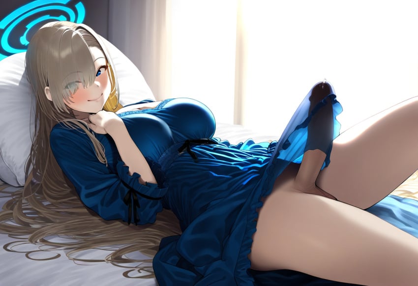 ai_generated asuna_(blue_archive) backlighting bedroom blonde_hair blue_archive blue_dress blue_eyes closed_mouth erection erection_under_clothes female from_side futanari halo hand_on_breast indoors looking_at_viewer lying nightgown on_back on_bed pillow precum solo testicles visible_through_hair