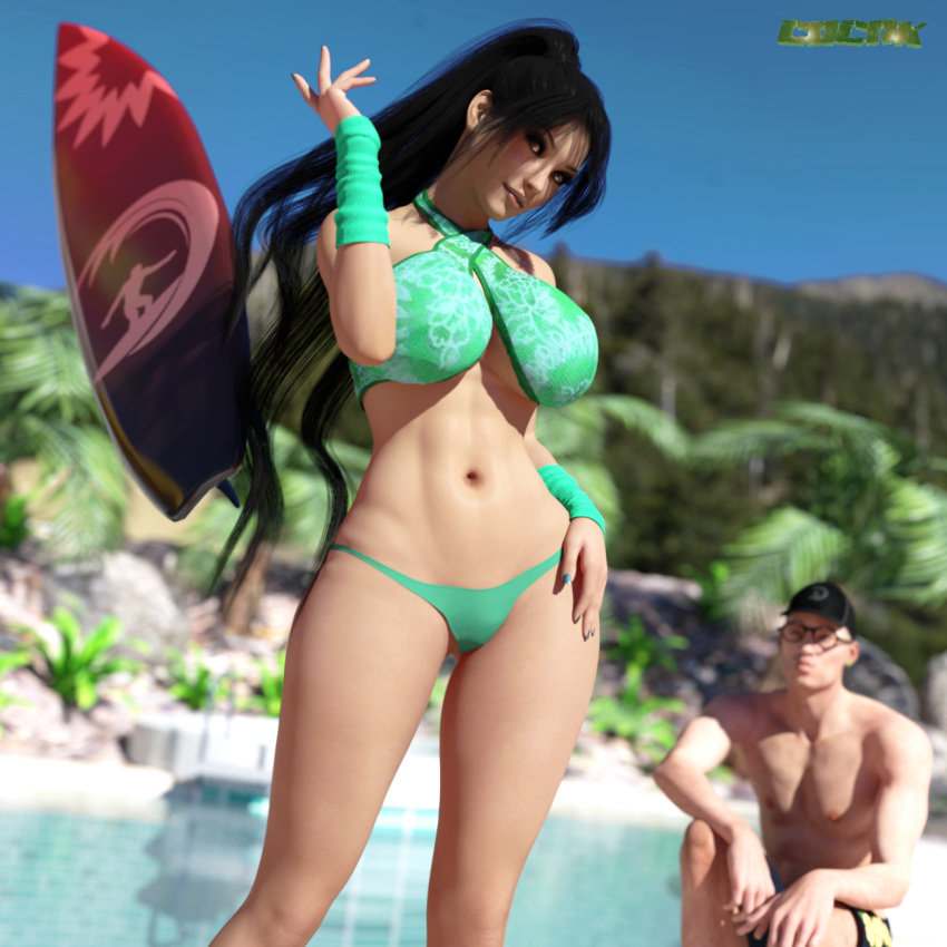 1boy 1girls 3d akali akira_mitsuoka bare_shoulders big_breasts bikini bikini_bottom bikini_top black_hair bracer brown_eyes busty cdcnk cosplay curvy day detailed_background eyelashes female front_view glasses hat hourglass_figure human league_of_legends long_hair looking_at_viewer male midriff nail_polish outdoors outside ponytail pool pose posing shadow shiny shiny_skin standing swimsuit thong tied_hair video_game video_games voluptuous water wide_hips