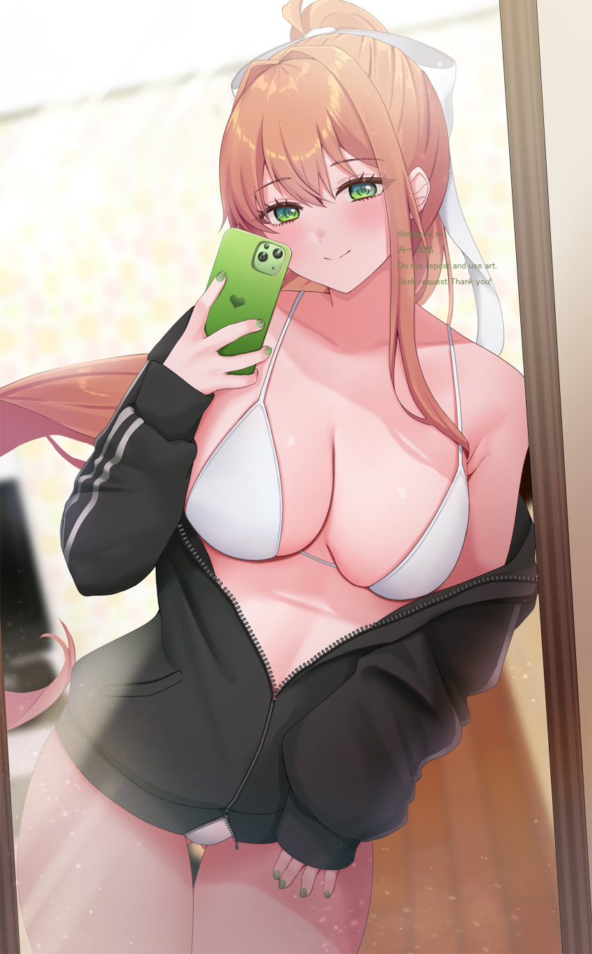 1girls big_breasts bikini blush breasts brown_hair clothed clothes clothing doki_doki_literature_club female green_eyes hair hair_bow long_hair mirror mirror_selfie mitarou_sk monika_(doki_doki_literature_club) selfie smile solo swimwear tagme unzipped_jacket white_bow