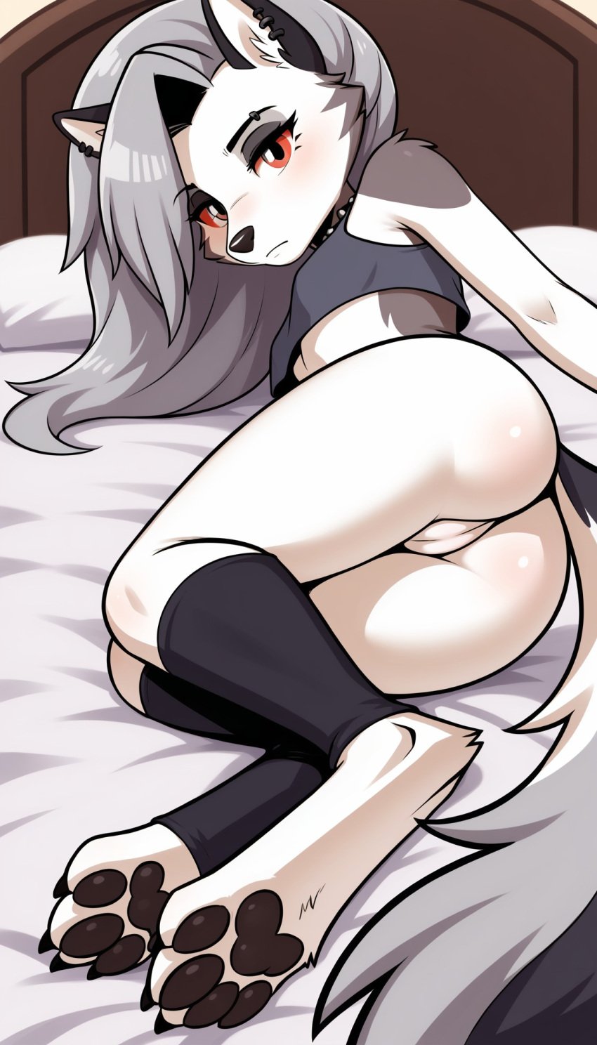 1girls 2024 ai_generated anthro ass ass_focus bed bedroom bottomless bottomless_female canine choker crop_top digitigrade ear_piercing eyebrow_piercing eyeliner eyeshadow female female_focus female_only gray_fur hair_over_one_eye hellhound helluva_boss hi_res inner_ear_fluff innie_pussy laying_down laying_on_bed laying_on_side long_hair looking_at_viewer loona_(helluva_boss) on_back on_bed paws plump_labia pussy red_eyes silver_hair spiked_choker thick_thighs white_fur yodayo