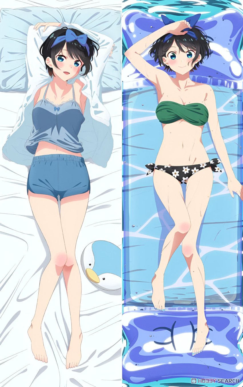 arms_up bare_arms bare_belly bare_legs bare_shoulders bare_thighs barefoot bed_sheet belly_button big_breasts bikini black_hair blue_eyes blush breasts cleavage collarbone dakimakura dakimakura_design feet kanojo_okarishimasu knee_blush lying mouth_closed nail_polish nightgown official_art open_mouth open_shirt pillow pool ribbon sarashina_ruka shirt short_hair shorts smile thighs toes water wet_body