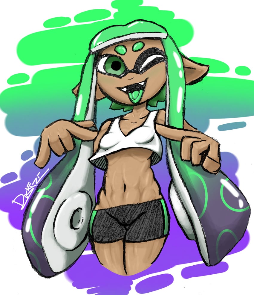 clothed clothing duskizi female_only inkling inkling_girl krakenfever looking_at_viewer mesa_(krakenfever) nintendo original original_character simple_background smiling smiling_at_viewer solo solo_female solo_focus splatoon standing tongue tongue_out