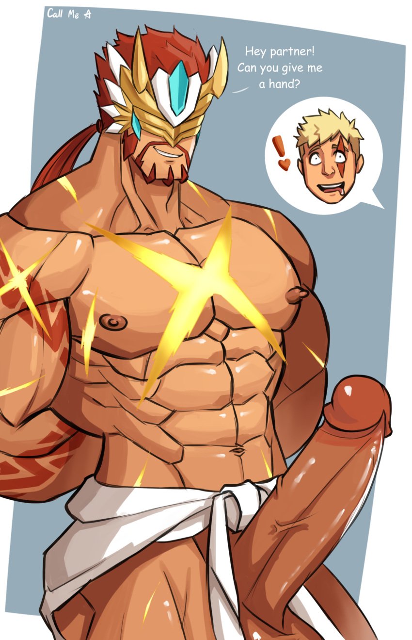 balls bara big_penis boner callmea_(artist) digimon erection facial_hair gankoomon gankoomon_x hands_behind_back male male_only muscles muscular penis solo solo_male