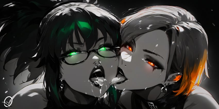 2girls ai_generated cum_in_mouth female female_only glowing_eyes goth goth_girl gothic jujutsu_kaisen kugisaki_nobara makeup_running multiple_girls piercings seductive seductive_eyes seductive_look seductive_mouth seductive_smile teasing tongue_out zenin_maki