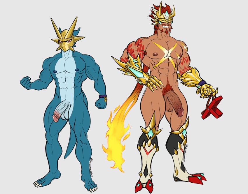 balls bara digimon facial_hair flaccid gankoomon gankoomon_x magnamon male male_only muscles muscular non-human nude penis triceramonster