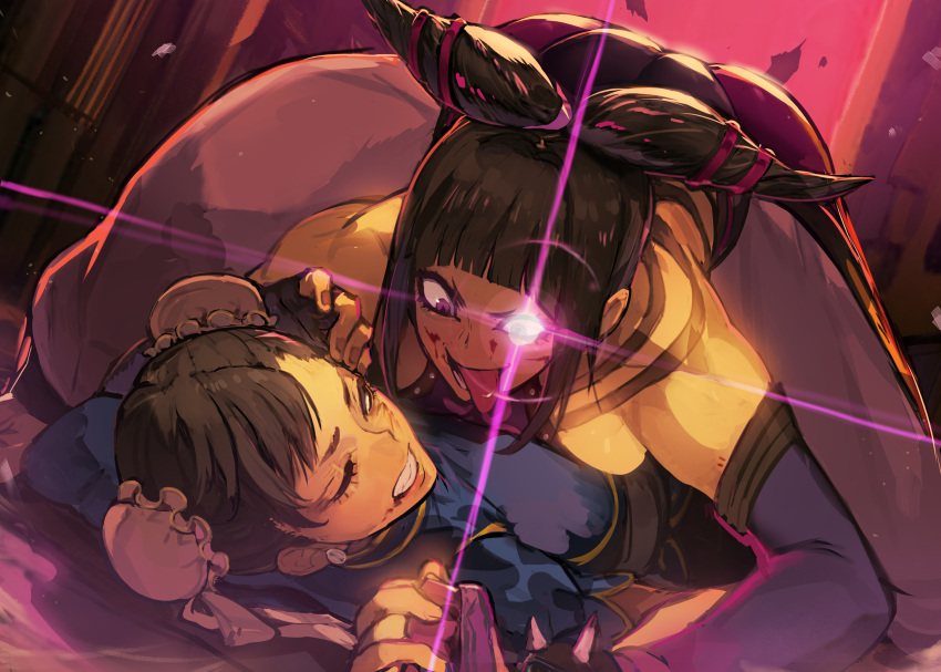 2girls ass black_hair blood blood_on_face blunt_bangs bracelet bun_cover capcom chinese_clothes chun-li clenched_teeth commentary crazy_eyes defeat double_bun drill_hair duplicate english_commentary evil_smile fingerless_gloves gloves glowing glowing_eye glowing_eyes hair_bun hide_(hideout) highres holding_another's_wrist jewelry juri_han lens_flare licking_lips looking_at_another looking_at_viewer lying multicolored_hair multiple_girls on_back one_eye_closed pantyhose pink_eyes pink_hair pink_nails pinned purple_eyes revision smile spiked_bracelet spikes streaked_hair street_fighter street_fighter_iv_(series) swept_bangs teeth tongue tongue_out top-down_bottom-up twin_drills two-tone_hair you_gonna_get_raped yuri