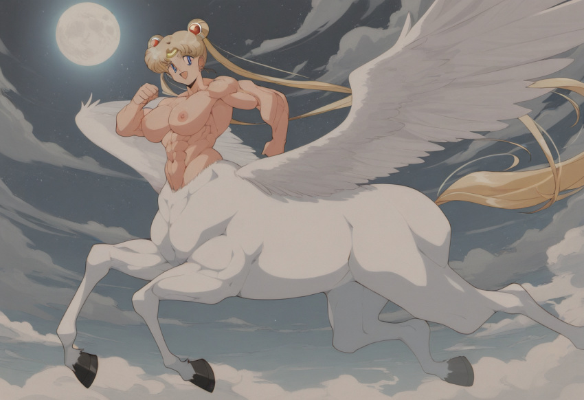 ai_generated bishoujo_senshi_sailor_moon blonde_hair centaur centauress double_bun long_hair medium_breasts muscle muscles muscular muscular_female sailor_moon twintails usagi_tsukino wings