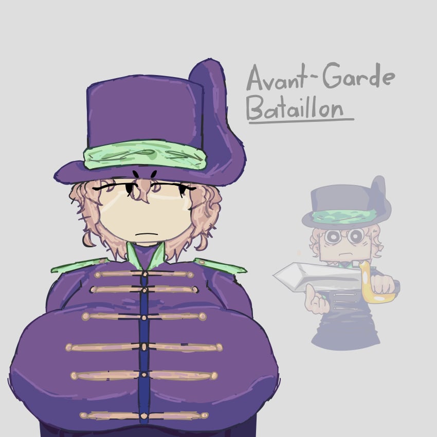 1girls big_breasts blood_and_iron breasts brunswick_ducal_corps clothed clothing colored disinterested doodle highres huge_breasts meme meme_in_the_background nipple_bulge only_female original_character purple_clothing roblox roblox_game robloxian source_request tobuscus tophat verbelnylia