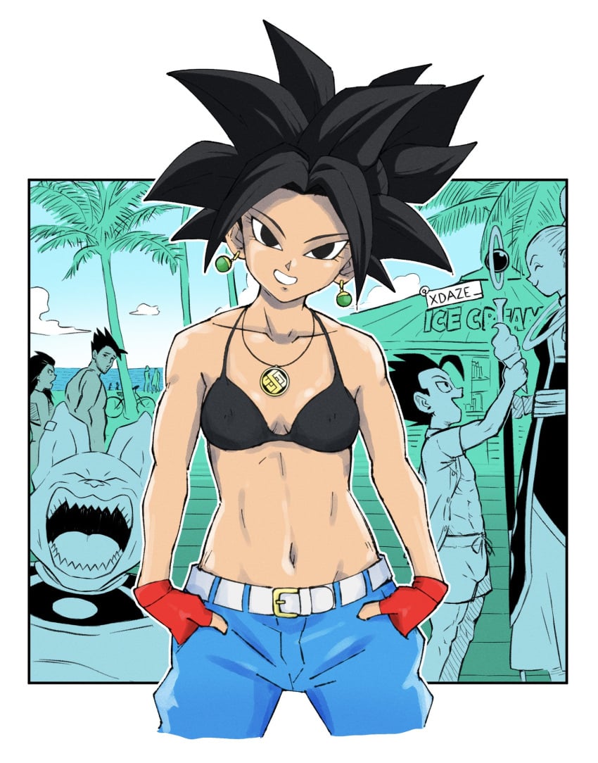 3girls base_form_kefla bikini black_bikini black_hair breasts cabba caulifla dragon_ball dragon_ball_super earrings female female_focus kale_(dragon_ball) kefla kefla_(dragon_ball) medium_breasts multiple_boys multiple_girls potara_earrings potara_fusion presenting smile solo_focus vados vados_(dragon_ball)