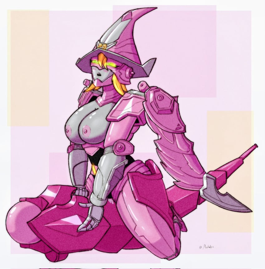 exposed_breasts kikai_sentai_zenkaiger magine mechavee pin-up pink_nipples pose posing robot robot_breasts robot_girl robot_humanoid straddling super_sentai witch witch_hat