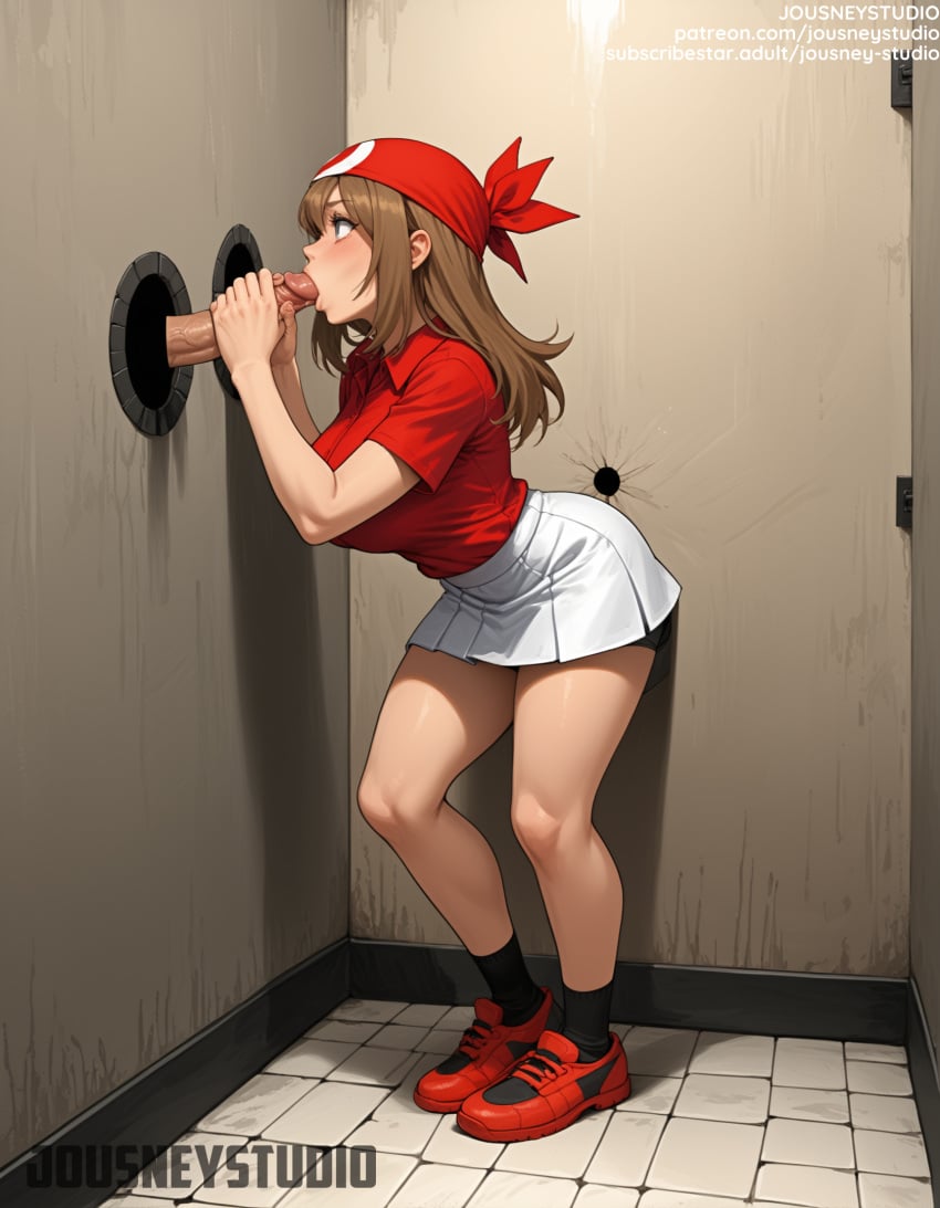 1boy against_wall ai_generated ass bandana black_legwear black_socks blue_eyes blush breasts brown_hair clothing collared_shirt english_text fellatio female footwear glory_hole hat headwear jousneystudio large_breasts legwear long_hair looking_at_viewer male may_(pokemon) miniskirt oral outdoors penis pokemon pokemon_(game) pokemon_character pokemon_rse protagonist_(pokemon) red_bandana red_footwear red_headwear red_shirt shirt shoes short_sleeves shorts skirt sneakers socks solo solo_focus spats standing straight thighs tiles tongue white_skirt