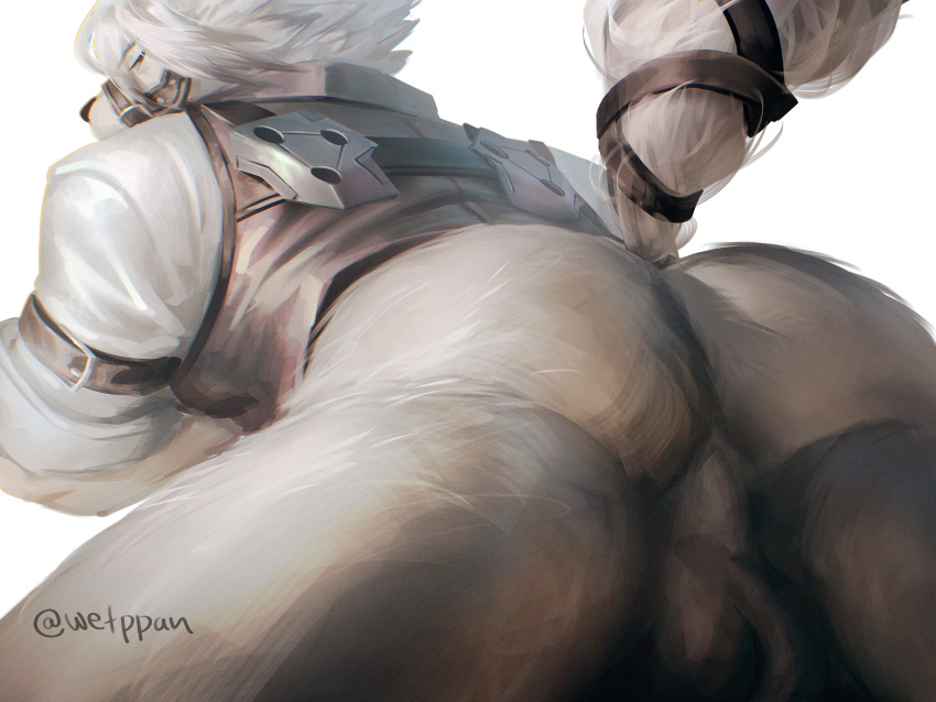 anthro ass balls big_ass canid canine canis clothed clothing fur furry looking_at_viewer lying_down male_only mammal von_lycaon wetppan white_body white_fur white_hair white_skin wolf wolf_ears wolf_tail zenless_zone_zero