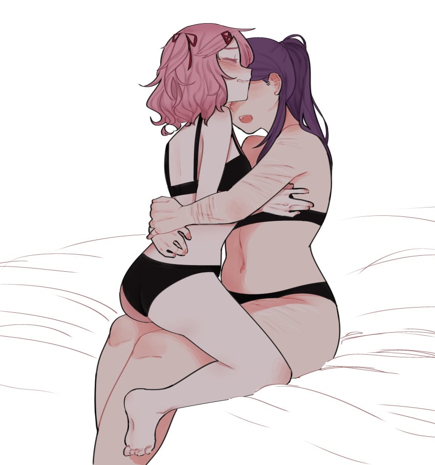 2girls arm_scar black_bra black_panties blush blushing clenched_teeth closed_eyes cuddling cute cuts doki_doki_literature_club embrace embracing female female/female female_only grinding hug human multiple_girls natsuki_(doki_doki_literature_club) open_mouth pink_hair pockiseisont purple_hair scar self_harm_scars size_difference slightly_chubby slightly_chubby_female tagme thick_thighs thighs tummy underwear yuri yuri_(doki_doki_literature_club)