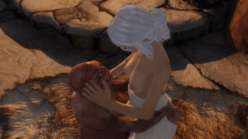 3d ass_grab breasts cavalorn13 ciri female light-skinned_female monster nipples scar the_witcher_(series) the_witcher_3:_wild_hunt towel_only white_hair