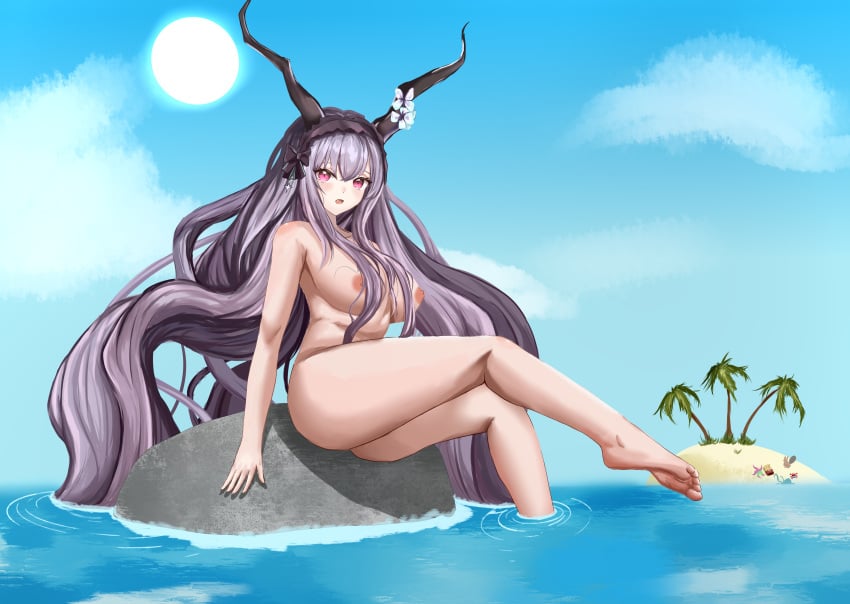 1girls 2024 arknights artist_request big_breasts breasts horns light-skinned_female light_skin long_hair looking_at_viewer naked naked_female nude nude_female outdoors outside purple_hair sitting solo tagme typhon_(arknights)