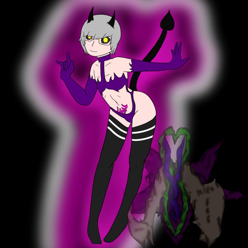 axel_(skelestrider) crossdressing demon demon_horns demon_tail digital_media_(artwork) femboy glowing_eyes glowing_tattoo grey_hair lingerie male male_only original_character pubic_tattoo skia_draws solo solo_femboy solo_male stockings striped_legwear striped_thighhighs succubus thighhighs yellow_eyes