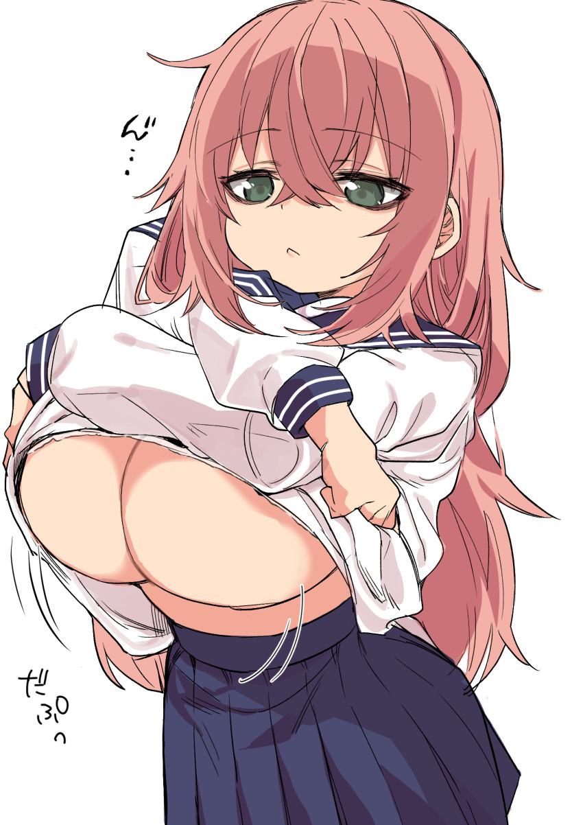 1girls blue_skirt breasts chicken0281 clothes_lift green_eyes hair_between_eyes hi_res huge_breasts large_breasts long_hair massive_breasts pink_hair pleated_skirt school_uniform serafuku shirt_lift shortstack simple_background skirt solo underboob undressing white_background