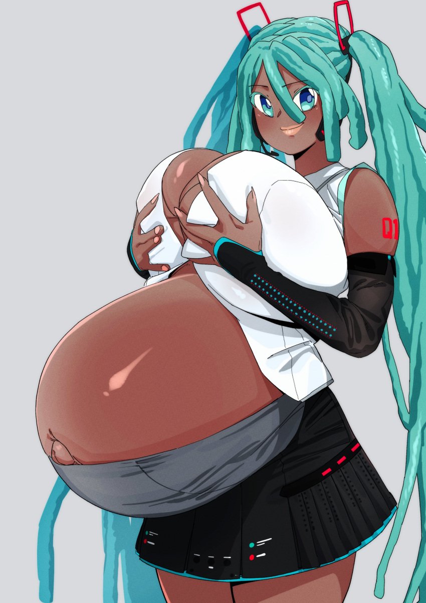 1girls belly big_belly big_breasts blue_eyes blue_hair breasts cleavage dark-skinned_female dark_skin female hatsune_miku holding_breast huge_breasts hyper_belly kyattorosu pregnant skirt solo torpedo_belly vocaloid