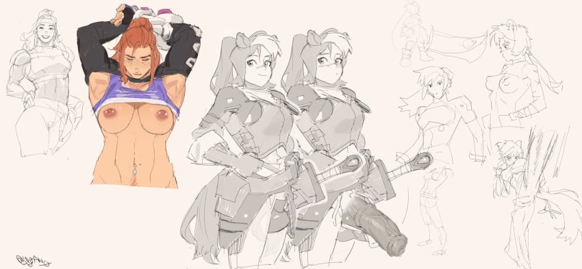 animal_genitalia anthro big_balls blizzard_entertainment breasts brigitte fixing_hair furry futanari horsecock huge_cock jeganzero navel_piercing nipple_piercing overwatch overwatch_2 shirt_lift sketch