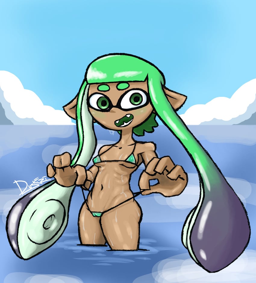 duskizi flat_chest flat_chested inkling inkling_girl krakenfever mesa_(krakenfever) micro_bikini nintendo nipples nipples_visible_through_clothing original original_character smiling solo solo_female solo_focus splatoon transparent_clothing water_droplets wet_body