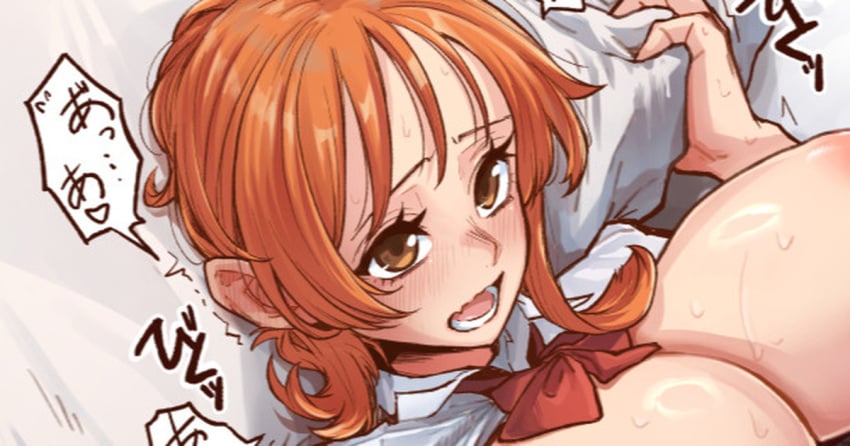 alternate_costume aosora bed blush breasts brown_eyes female female_only large_breasts nami_(one_piece) one_piece open_mouth orange_hair pillow pre-timeskip