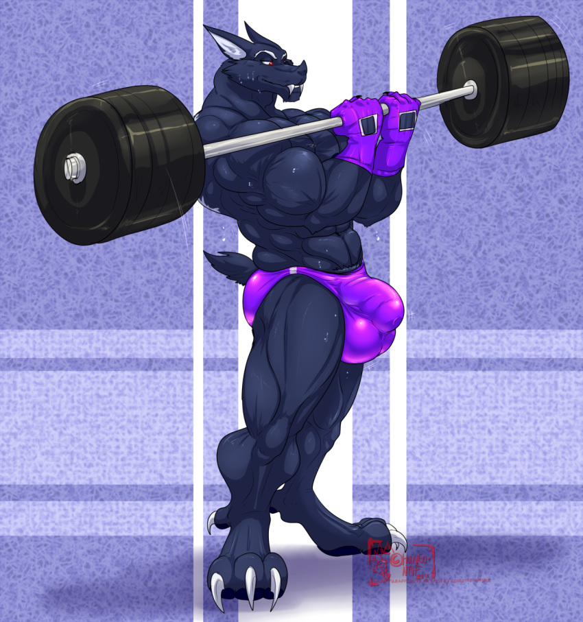 2018 3_toes 5_fingers abs anthro bat biceps black_skin bulge claws clothed clothing digitigrade exercise eyebrows giovanni_(hungothenomster) gloves humanoid_penis hungothenomster male male_only mammal muscular muscular_male muscular_thighs pawpads paws pecs penis penis_shaped_bulge red_eyes sharp_teeth simple_background smile solo standing sweat teeth tight_underwear toes topless underwear weightlifting workout