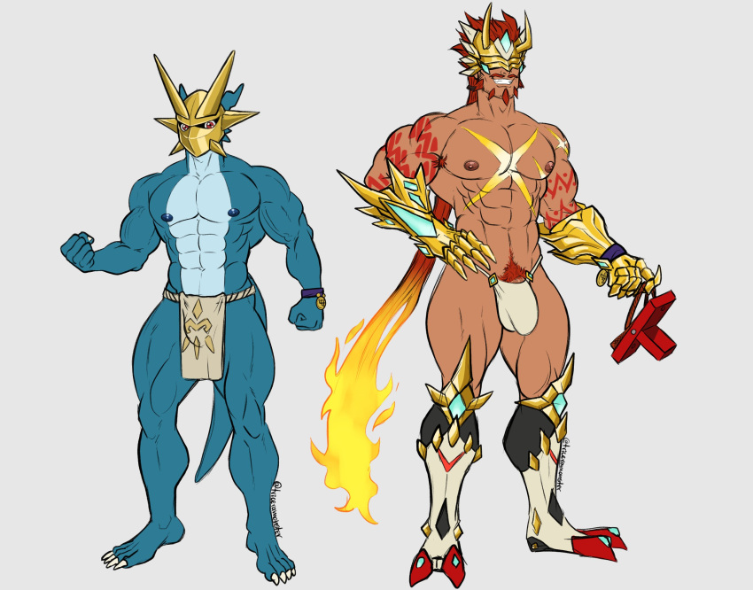 balls bara bulge digimon facial_hair flaccid gankoomon gankoomon_x loincloth magnamon male male_only muscles muscular penis triceramonster