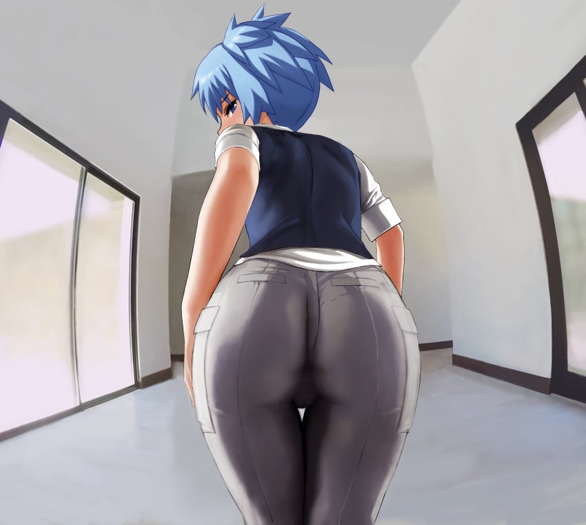 1boy alternate_version_available ass ass_focus ass_visible_through_clothes assassination_classroom blue_hair business_suit c3_piyo femboy girly looking_back male male_focus male_only otoko_no_ko pov shiota_nagisa tagme