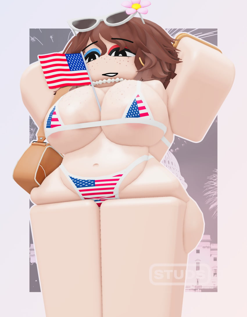 1girls 3d 4th_of_july american_flag_bikini artist_name big_ass big_breasts big_thighs bikini brown_hair busty darby_lockhart eyeshadow female hd milf miss_innocence mommy necklace office_lady original_character posing posing_for_the_viewer poster roblox robloxian sfw smile studsxxx sunflower sunglasses twitter_username watermark wristwatch