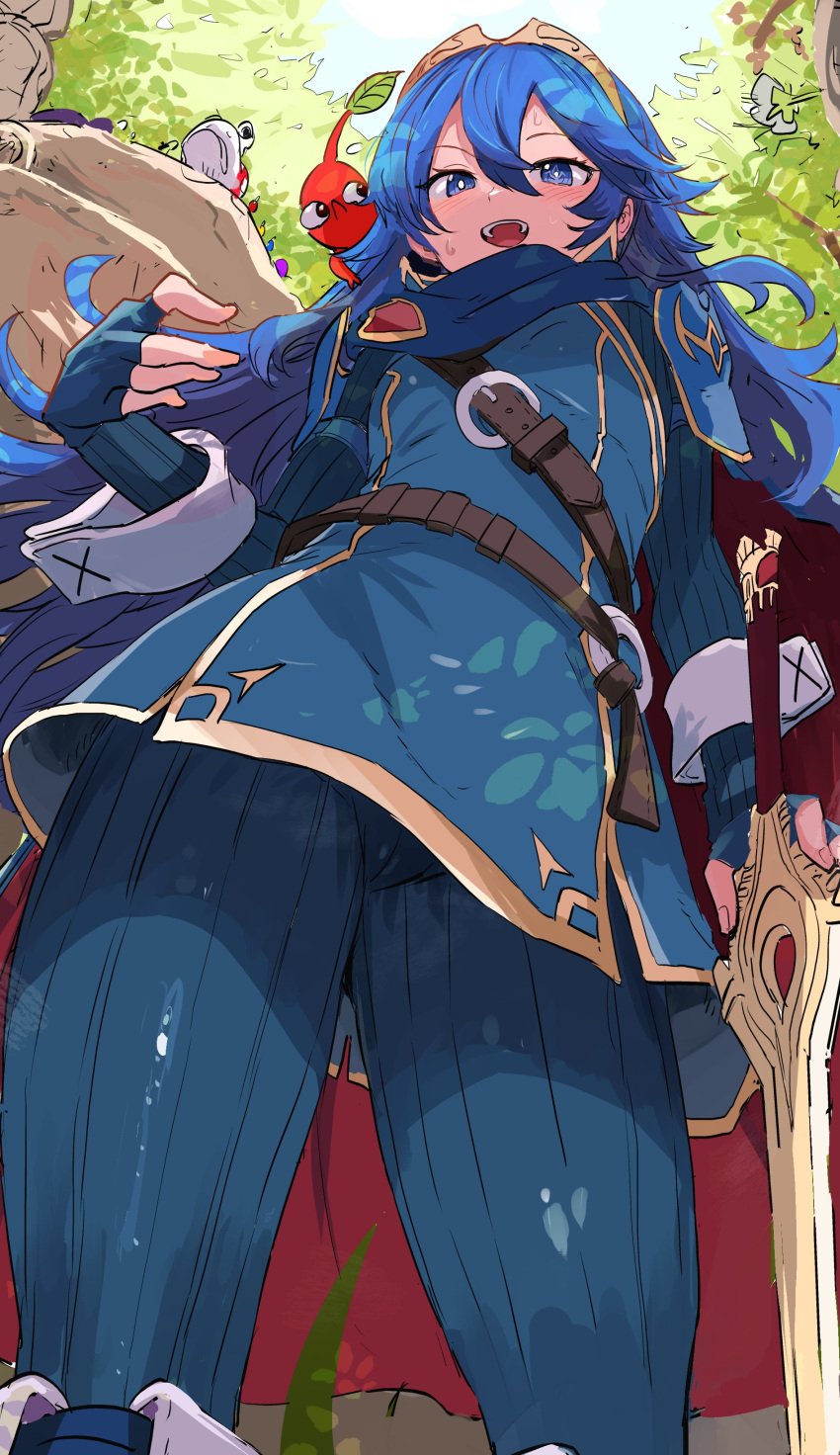 a absurdres belt belt_buckle blue_cape blue_eyes blue_gloves blue_hair blue_pikmin blush brand_of_the_exalt brown_belt buckle bulborb cape character_name creature creature_on_shoulder crossover english_text engrish_text falchion_(fire_emblem) fingerless_gloves fire_emblem fire_emblem_awakening from_below gloves highres holding ishijimajirou leather_belt long_hair looking_at_viewer lucina_(fire_emblem) nintendo on_shoulder open_mouth outdoors pikmin pikmin_(creature) pikmin_(series) pikmin_(species) purple_pikmin ranguage red_cape red_pikmin ribbed_pants ribbed_sleeves small_breasts smile super_smash_bros. sweat sweatdrop sword thighs tiara tree two-tone_cape weapon wrist_cuffs yellow_pikmin