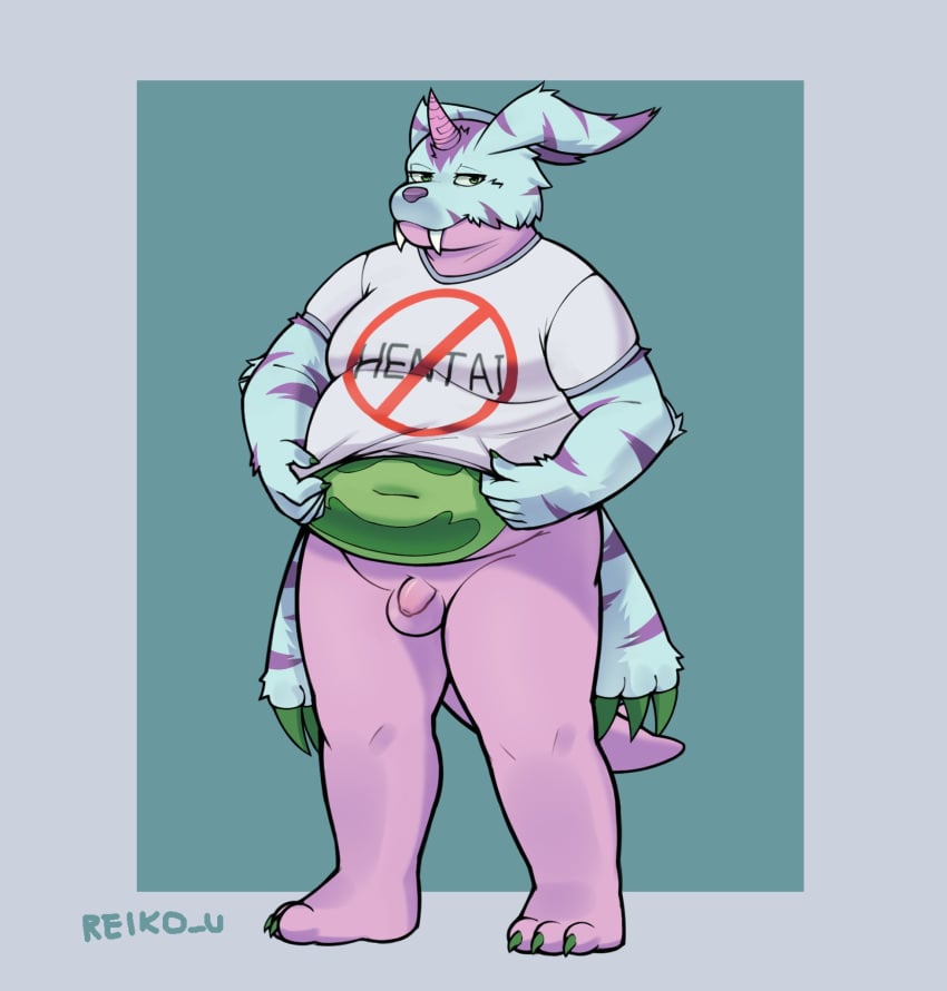 animal_skin anthro balls bandai_namco belly bottomless clothed clothing digimon digimon_(species) english_text flaccid fupa fur genitals hi_res horn irony male navel obese_male overweight penis psychemon reiko_u shirt solo standing striped_body striped_fur stripes t-shirt text topwear