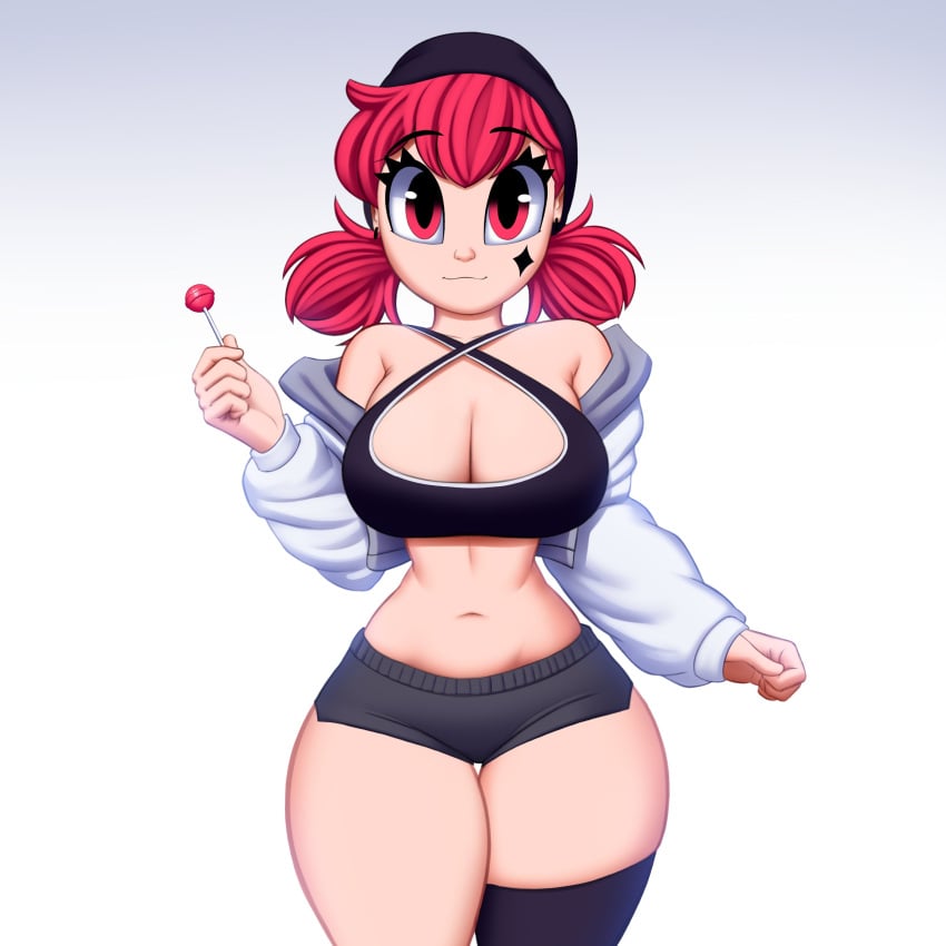 1girls beanie black_clothing bra breasts cleavage face_tattoo female female_only huge_breasts jacket light_clothing lollipop looking_at_viewer minishorts navel popsicle red_eyes red_hair saymanart solo thick_thighs thighs vinyl_(saymanart) white_background