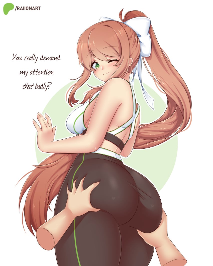 ass ass_focus ass_grab brown_hair doki_doki_literature_club female green_eyes leggings monika_(doki_doki_literature_club) raionart sports_bra tagme thick_thighs thighs white_bow yoga_pants