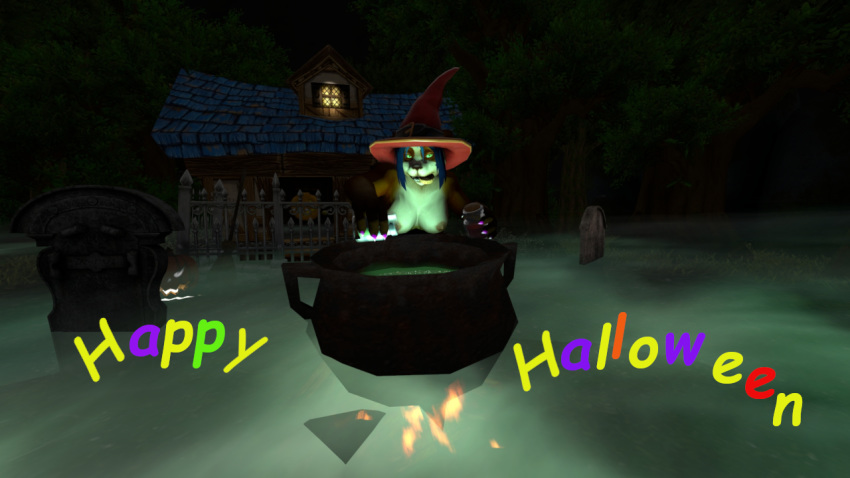 3d anthro female fog furry green_eyes green_light halloween pandaren spooky witch_hat world_of_warcraft