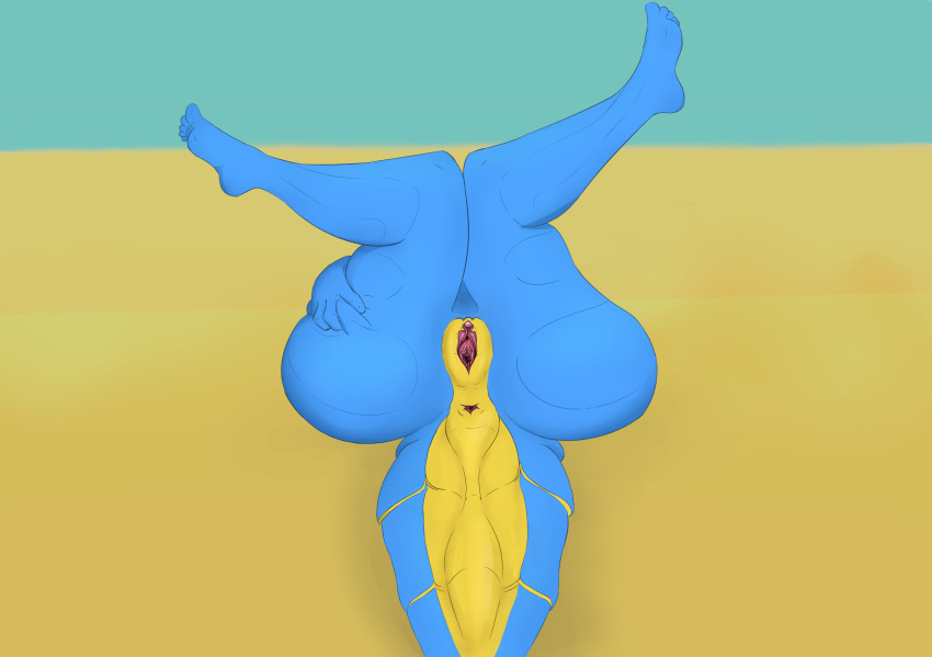 2018 anthro anus ass clitoris dragon female from_behind_(disambiguation) gidgeesheep hi_res legs_up lying nude on_back outside pinup plump_labia pose presenting pussy scalie simple_background solo spreading