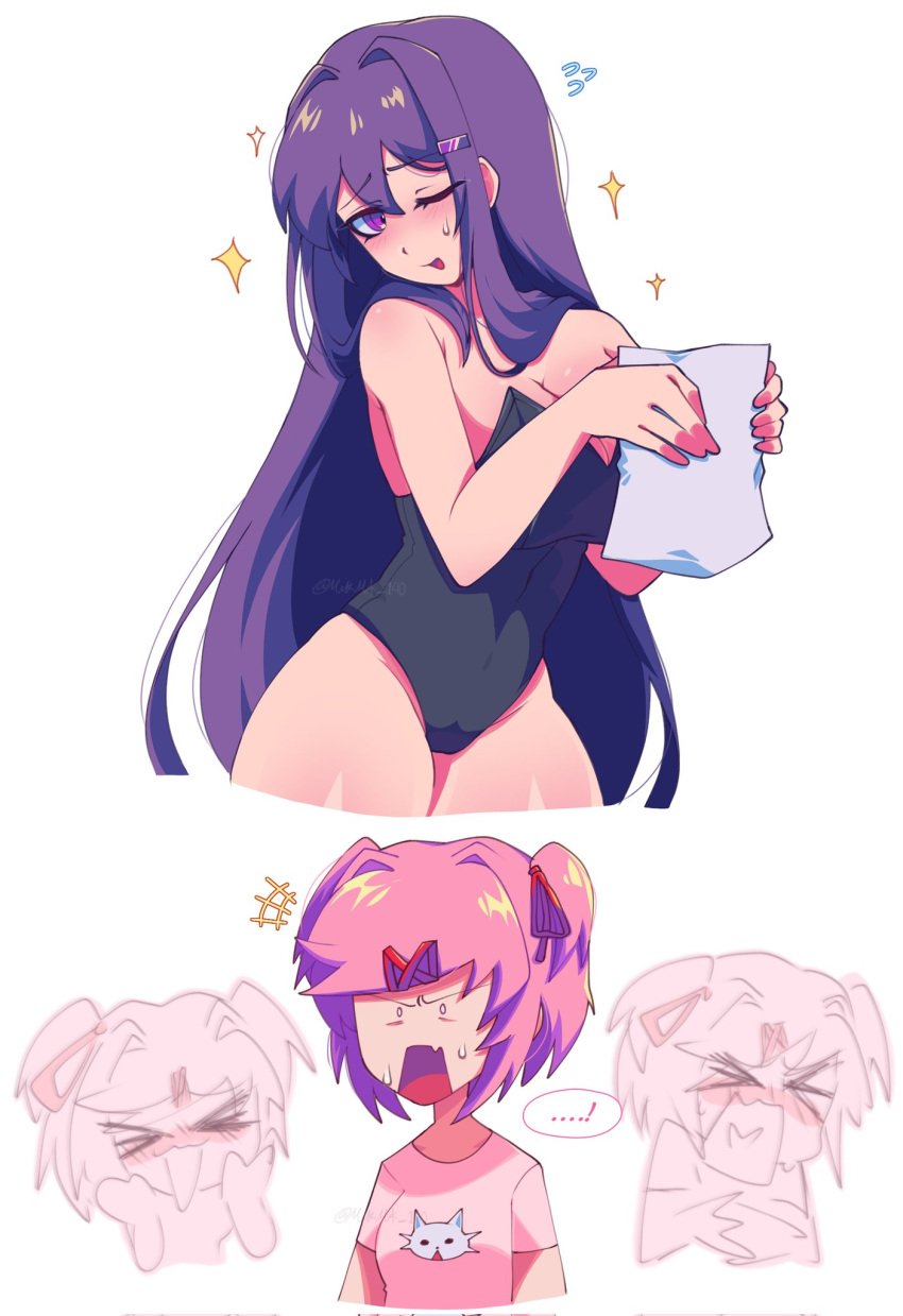 2girls cute_expression doki_doki_literature_club embarassment embarrassed embarrassed_female female female_only human multiple_girls natsuki_(doki_doki_literature_club) pink_hair purple_hair tagme yuri_(doki_doki_literature_club)