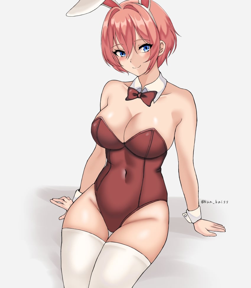 arm_support artist_name blue_eyes blush breasts bunny_ears bunnysuit cleavage closed_mouth collarbone colored_eyebrows covered_navel detached_collar doki_doki_literature_club fake_animal_ears female hair_between_eyes highleg_leotard just_sayori kun_kaiss large_breasts leaning_back leotard pink_hair playboy_bunny red_bowtie red_leotard sayori_(doki_doki_literature_club) shadow short_hair simple_background smile thighhighs white white_background white_collar white_wrist_cuffs wrist_cuffs