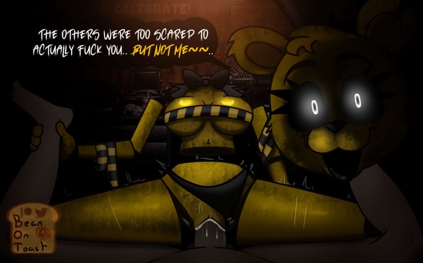 2024 2d 2d_(artwork) 2d_artwork amazonian_mating_press animatronic animatronic_female anthro beanontoast big_breasts black_eyes female five_nights_at_freddy&#039;s floating_head furry furry_female golden_freddy_(fnaf) golden_fur penetration red_background robot robot_girl robot_joints thick_thighs white_pupils woman_on_top