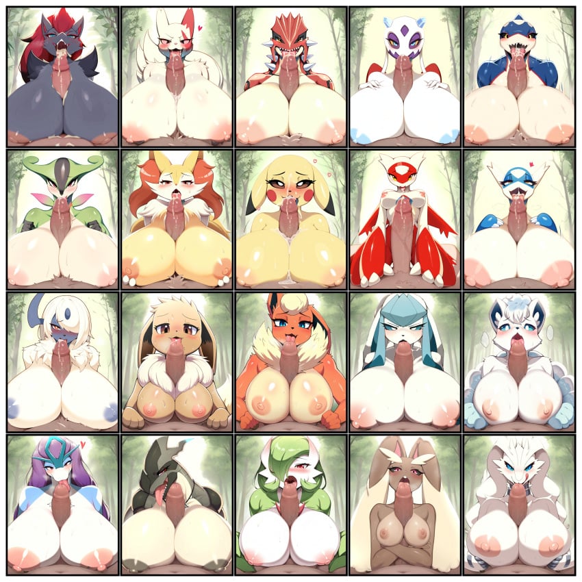 absol ai_generated alolan_vulpix anthro big_breasts big_penis braixen cum_in_mouth cum_on_breasts eevee flareon forest froslass furry gardevoir glaceon groudon isoai kyogre latias latios licking licking_penis lipstick looking_at_viewer lopunny medium_breasts multiple_girls nai_diffusion paizuri penis penis_lick penis_licking pikachu pokemon pokemon_(species) reshiram seductive_look small_breasts smirk suicune titfuck titjob virizion vulpix zangoose zekrom zoroark