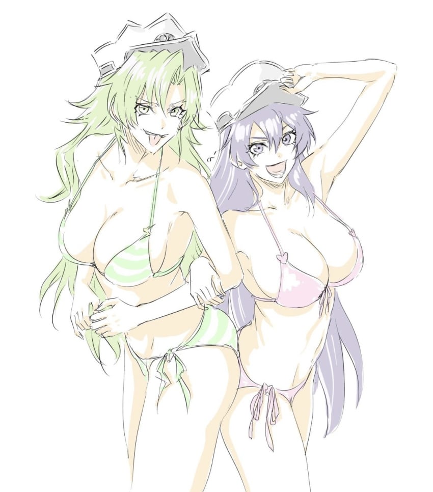 bambietta_basterbine big_ass big_breasts bikini black_hair bleach bleach:_the_thousand-year_blood_war candice_catnipp cap green_eyes green_hair holding_arms long_hair peaked_cap playful purple_eyes quincy_(bleach) sexy_armpits tongue_out