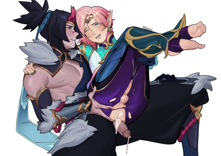 after_anal blood_moon_series blush cum cum_in_ass erection ezreal faerie_court_ezreal faerie_court_series fairy femboy gay kayn league_of_legends legs_up male male_focus male_only moshyuu pecs penis penis_size_difference snow_moon_kayn yaoi