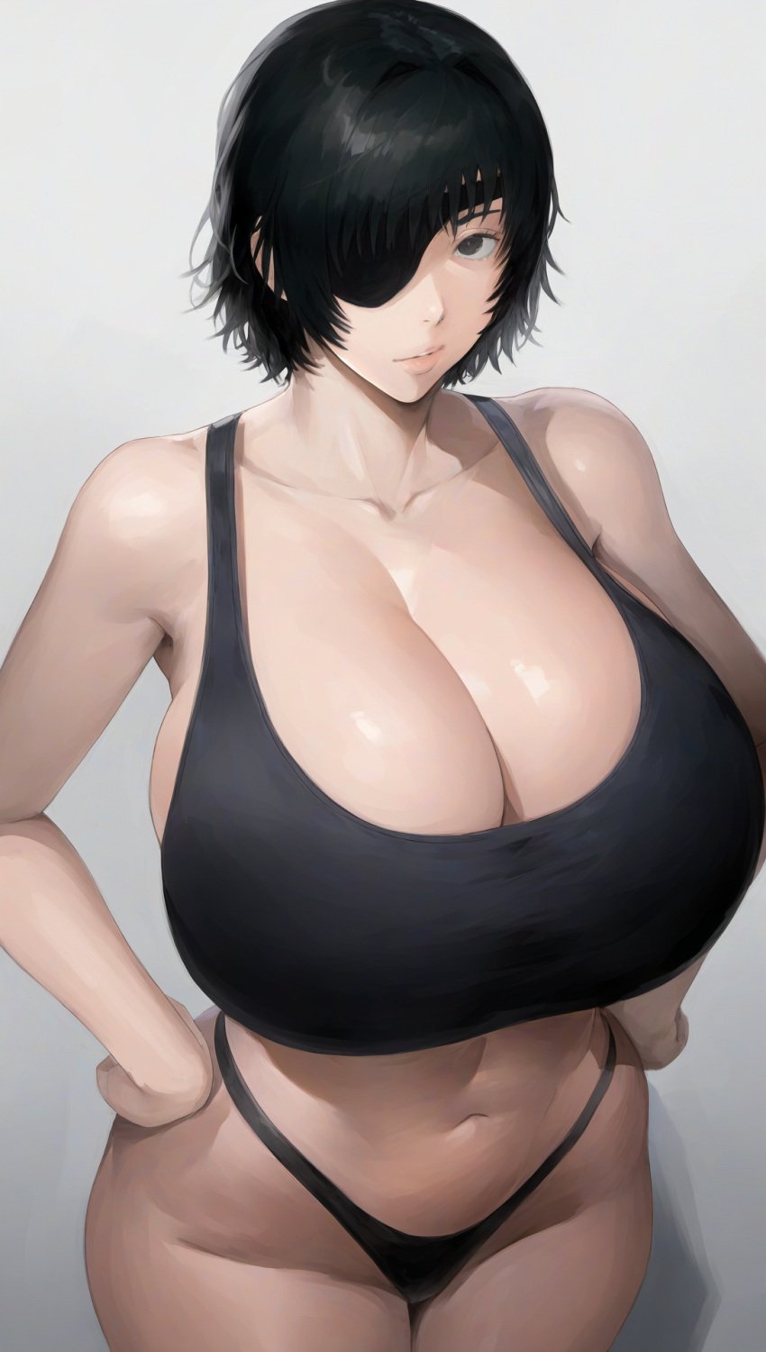 1girls 2d ai_assisted alternate_breast_size bare_shoulders belly belly_button big_breasts black_eyes black_hair breasts breasts_bigger_than_head chainsaw_man cleavage crop_top eyepatch female hands_on_hips himeno_(chainsaw_man) hips huge_breasts large_breasts looking_at_viewer manah_(artist) midriff panties short_hair solo source standing thick_thighs thighs thong underwear white_background wide_hips