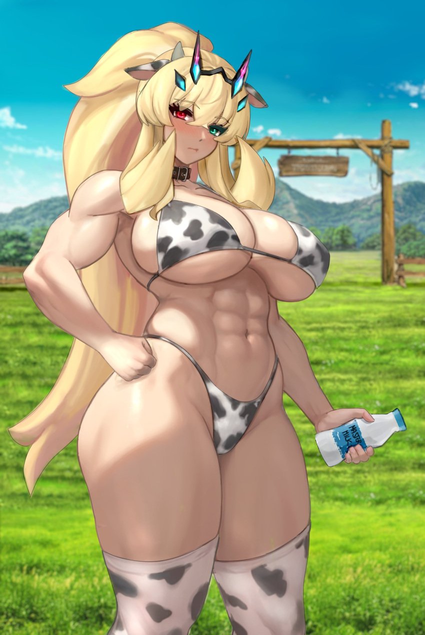 1girls 2024 abs bare_shoulders barghest_(gawain)_(fate) big_breasts bikini bikini_bottom bikini_top blonde_hair blush blush_lines cleavage clothed clothed_female clothing cow_ears_headband cow_headband cow_print cow_print_bikini cow_print_stockings fate/grand_order fate_(series) female female_only green_eyes hand_on_hip hand_on_own_hip heterochromia holding_bottle light-skinned_female light_skin light_skinned_female long_hair long_ponytail midriff milk_bottle muscular muscular_abs muscular_arms muscular_female muscular_legs navel ponytail raskasar red_eye sideboob solo solo_female stockings thick_thighs underboob voluptuous voluptuous_female wide_hips